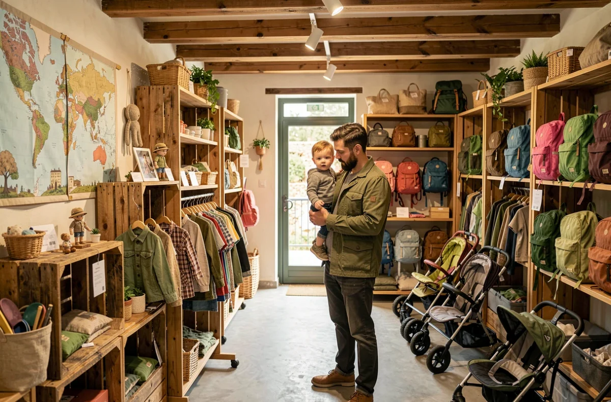 Intérieur du magasin Mini Baroudeur à Saint-Maximin avec un père et son enfant explorant les rayons de vêtements outdoor