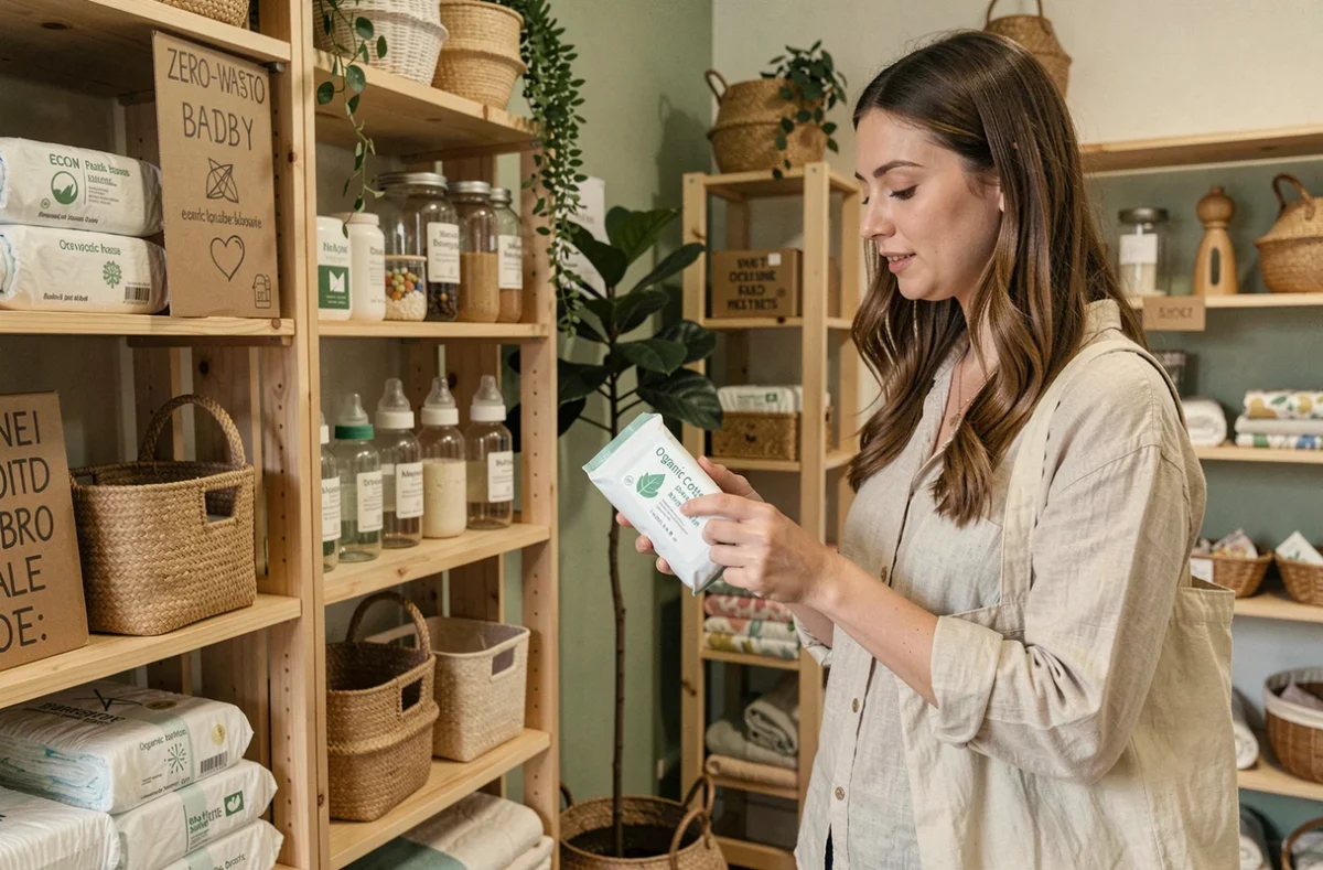 Intérieur de la boutique Miss Milady Zéro Déchet avec des produits bébé écologiques et une jeune femme lisant une étiquette bio