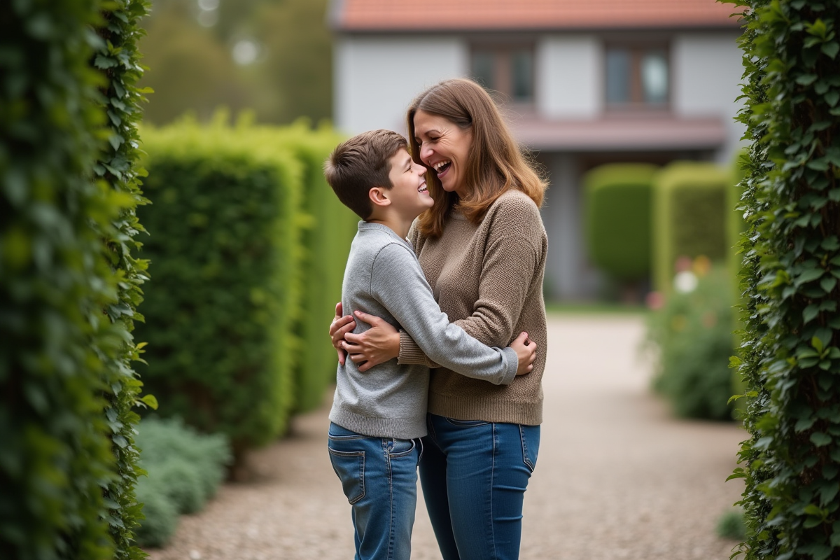 Mère et fils se font un câlin dans un jardin suburbain
