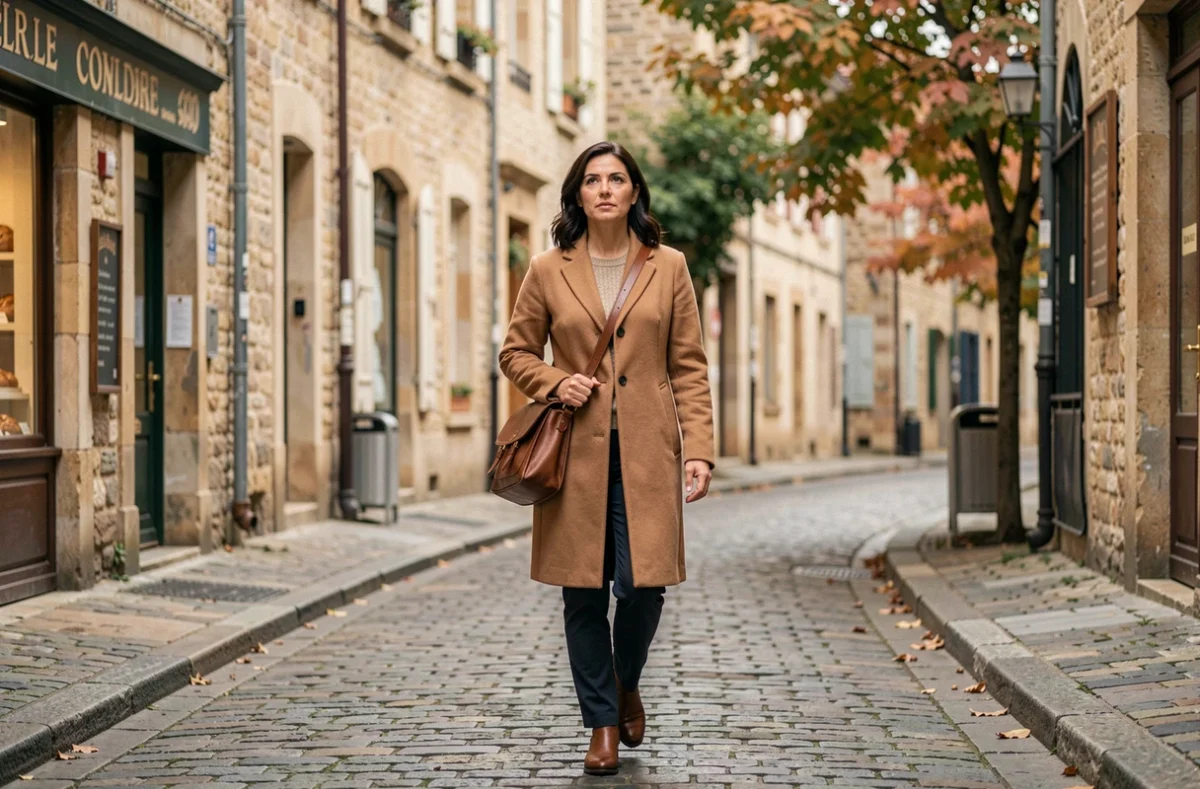 Femme politique en déplacement dans une rue pavée de province française, atmosphère authentique et documentaire