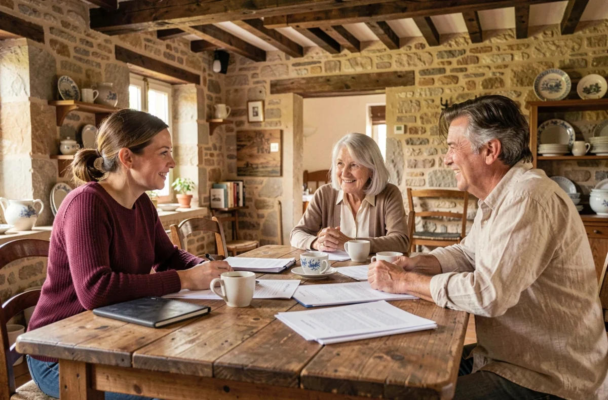 Scène familiale authentique autour d'une table en intérieur de ferme française, ambiance intime et naturelle