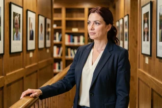Portrait éditorial d'une femme politique française en coulisses, blazer marine, couloir institutionnel