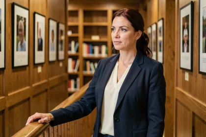Portrait éditorial d'une femme politique française en coulisses, blazer marine, couloir institutionnel