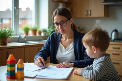 Nounou assise à une table de cuisine consultant des fiches de paie et un carnet de calcul de salaire mensuel