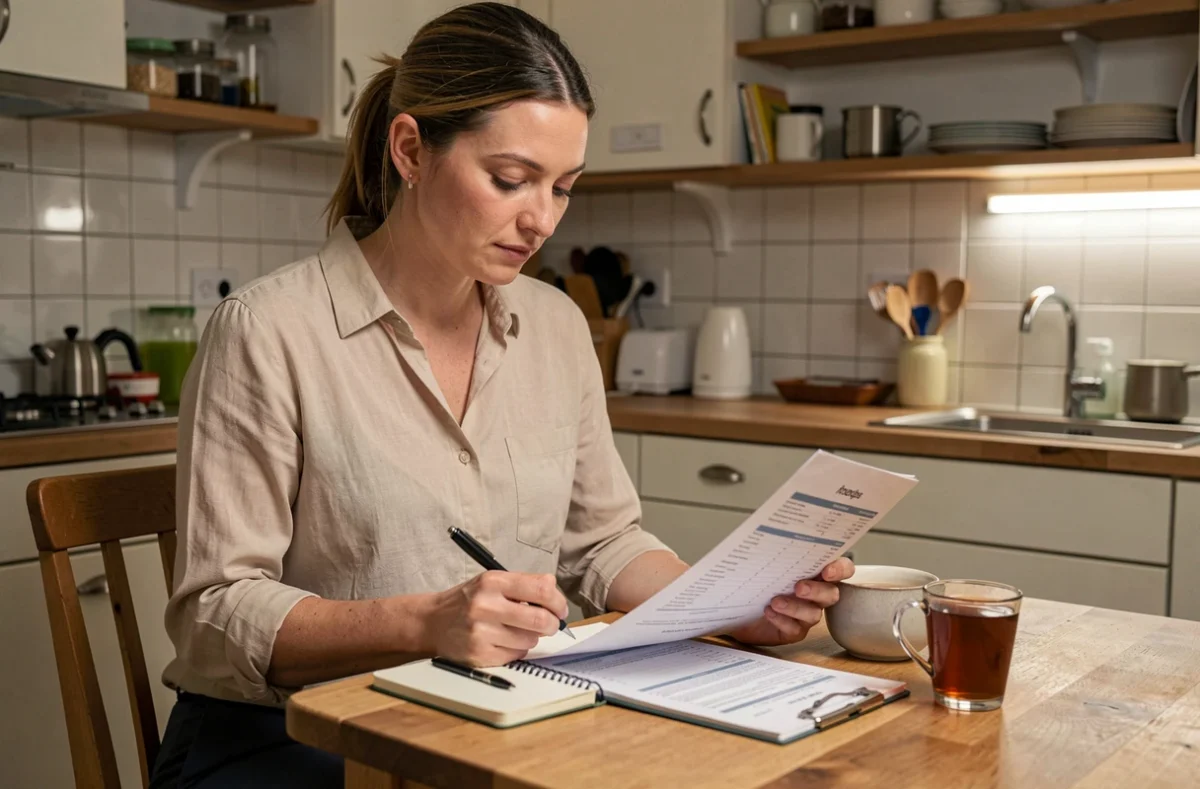 Nounou professionnelle calculant son tarif de nuit avec des documents et un carnet sur une table de cuisine