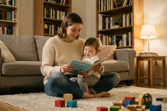 Nounou de nuit lisant un livre à un enfant en bas âge sur un canapé dans un salon familial chaleureux