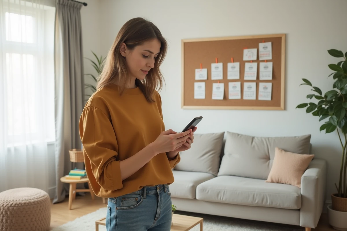Jeune nounou consultant une simulation de salaire mensuel sur son téléphone avec un calendrier de mensualisation affiché derrière elle