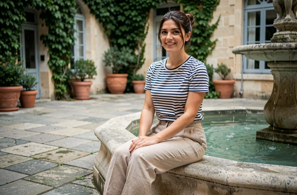 Jeune femme souriante assise au bord d'une fontaine dans une cour intérieure française en pierre, style éditorial naturel