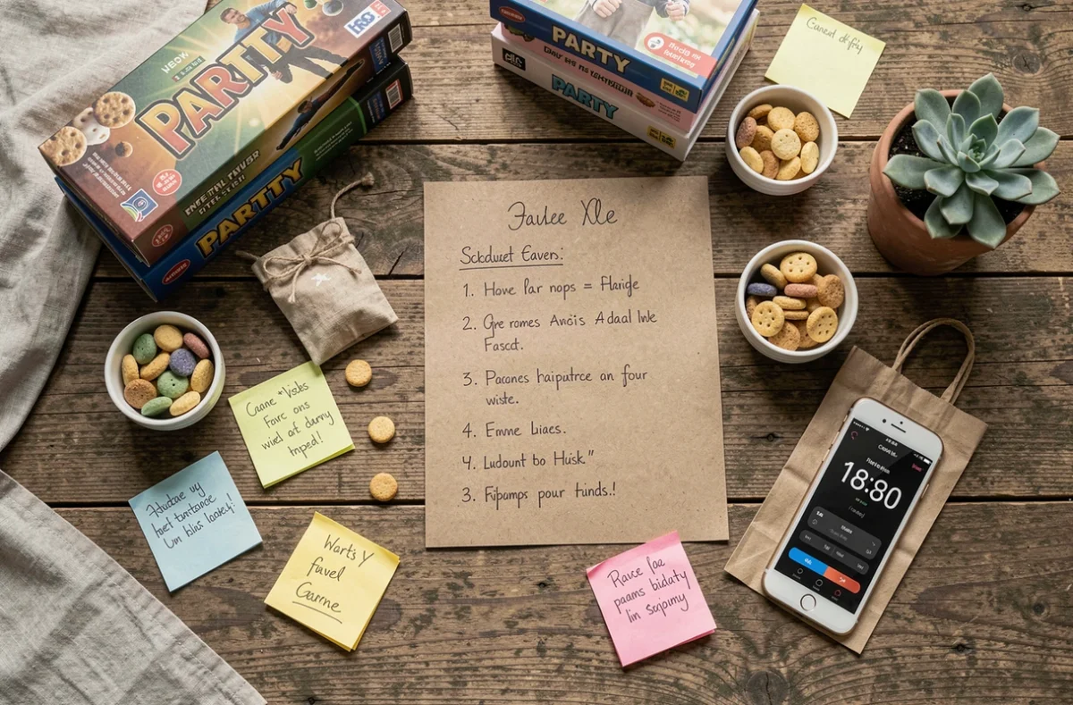 Planification de soirée anniversaire adulte avec planning manuscrit et jeux posés sur une table en bois