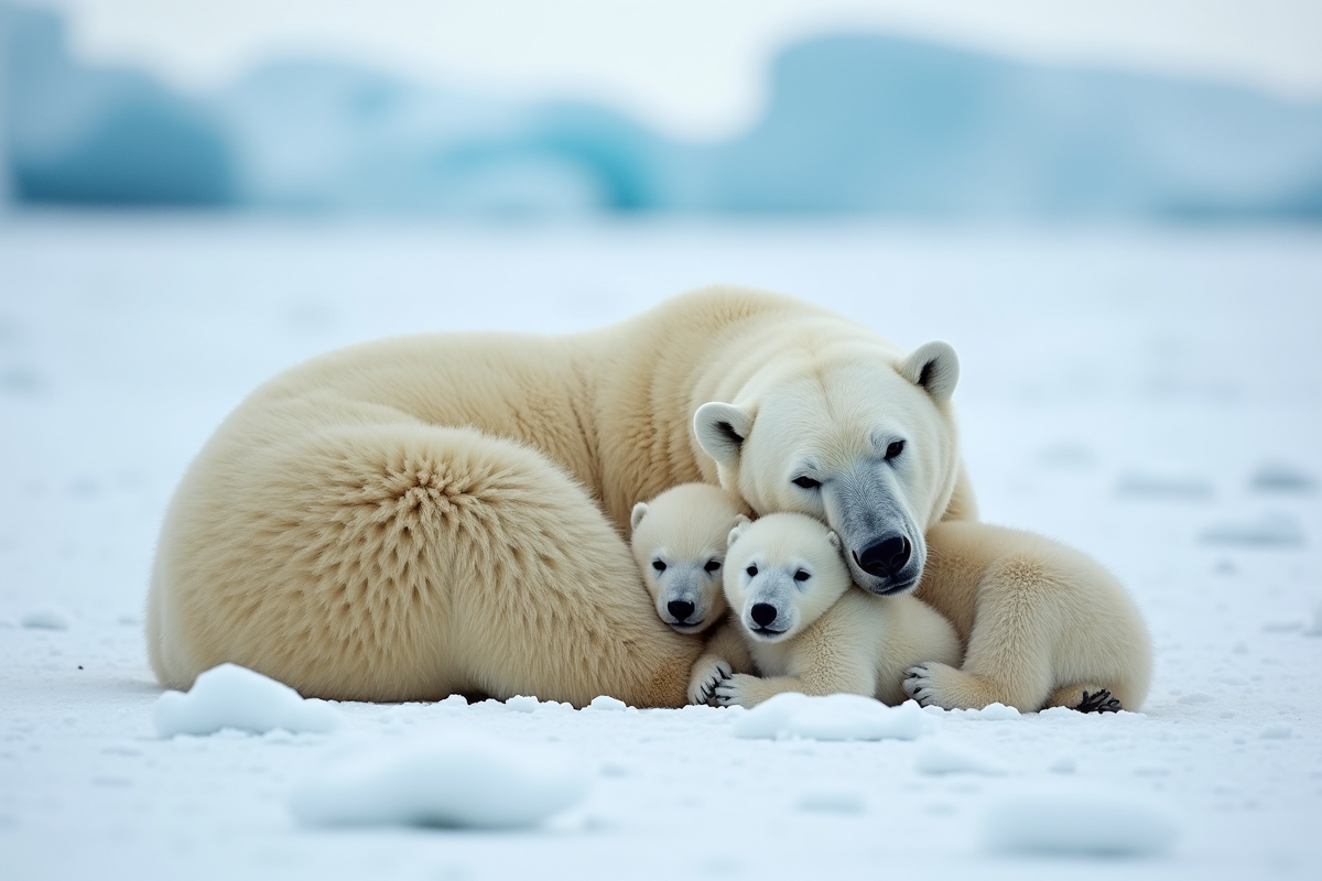 Maman ours polaire avec ses deux oursons dans la glace