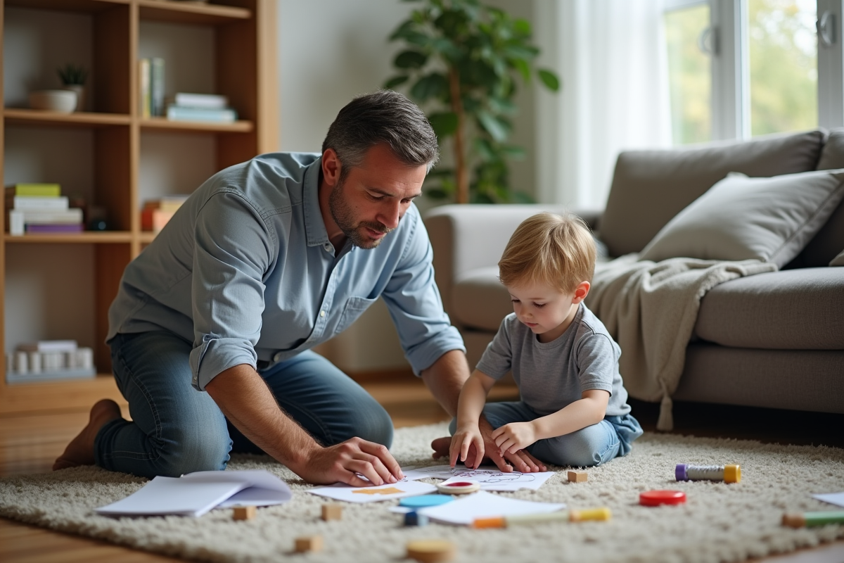 Pere aide son enfant à faire un projet scolaire dans le salon