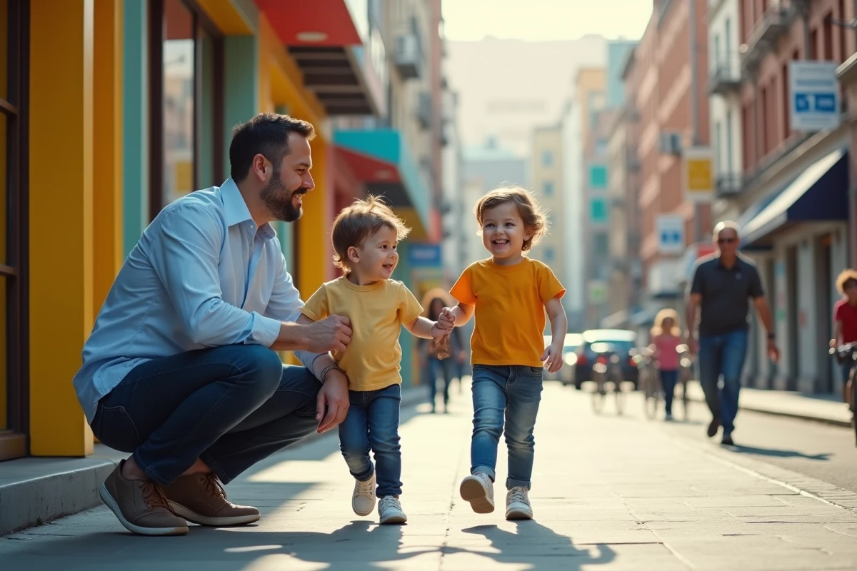 Père souriant avec son enfant dans un environnement urbain