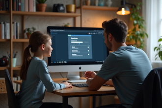 Père et fille discutent des contrôles parentaux sur un PC