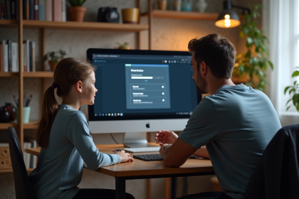 Père et fille discutent des contrôles parentaux sur un PC