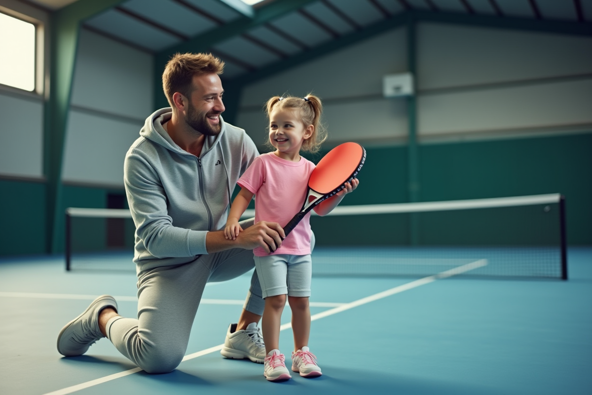 Père et fille partageant un moment de padel en intérieur