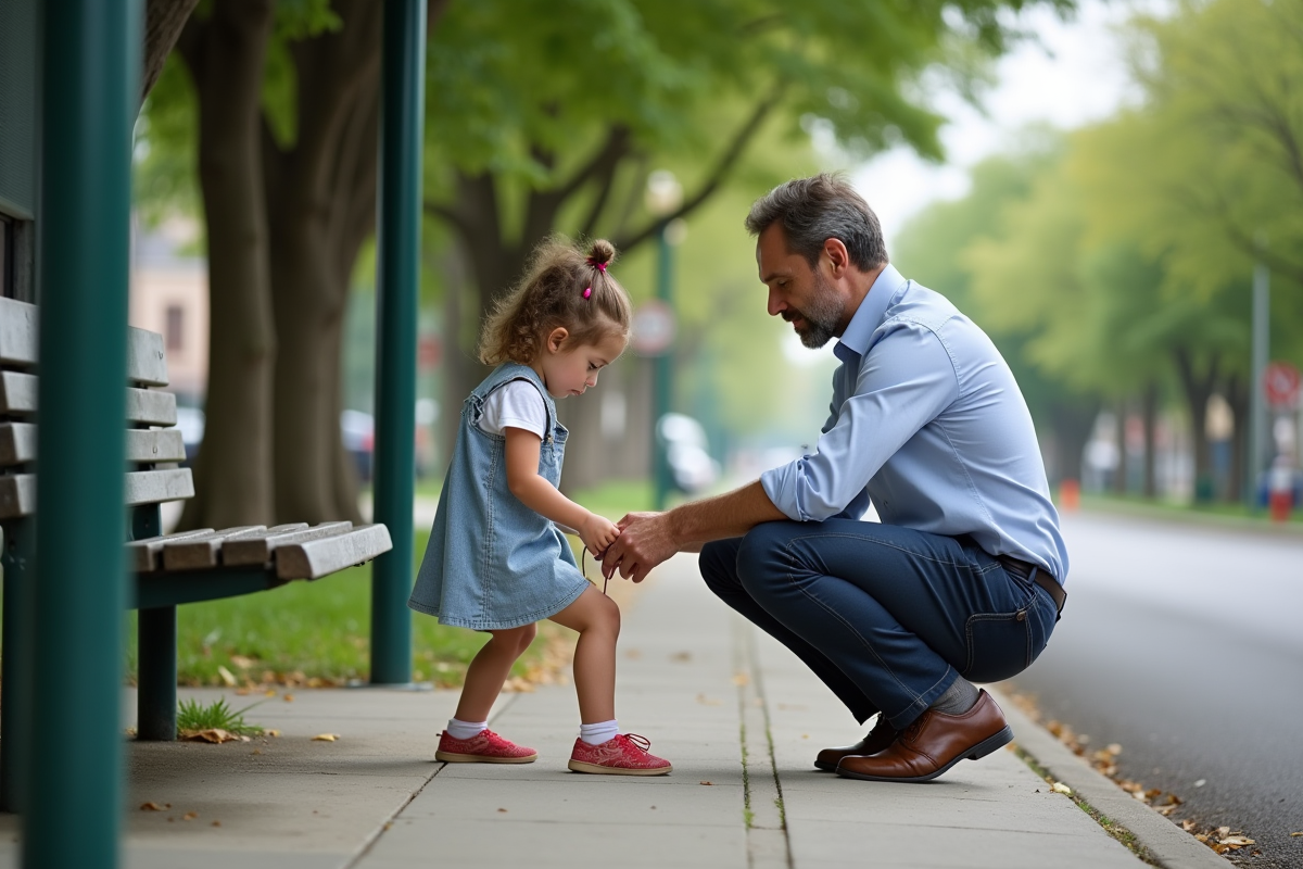 Père attachant les lacets de sa fille à l