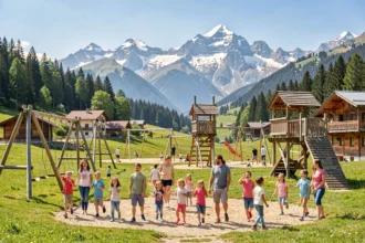 Familles profitant d'un parc de loisirs pour enfants en Haute-Savoie avec vue sur les Alpes