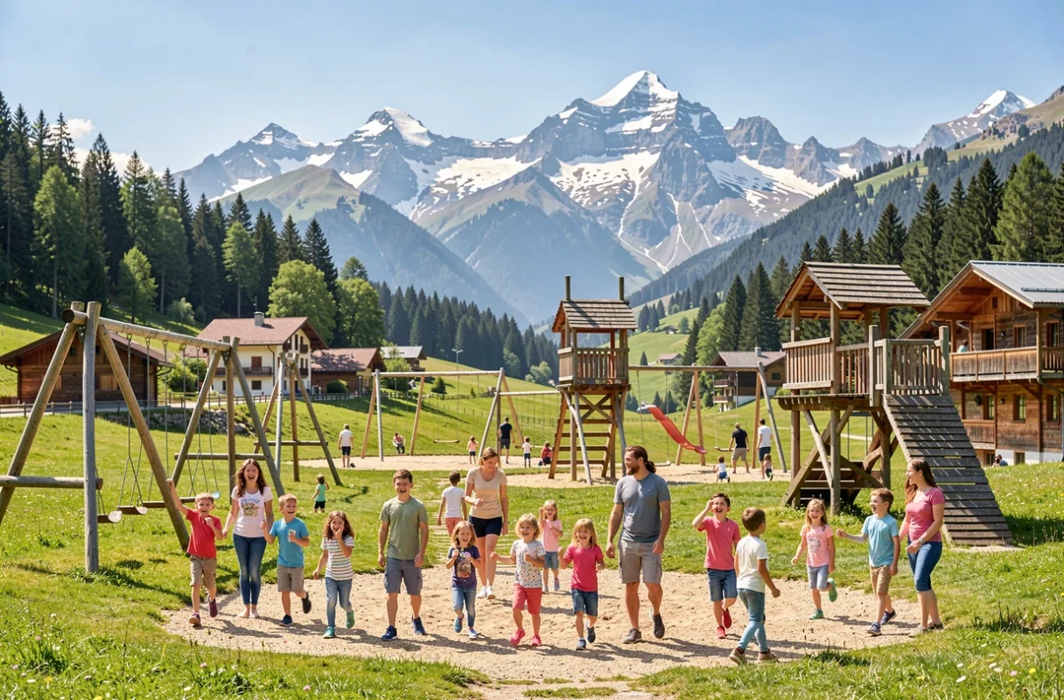 Familles profitant d'un parc de loisirs pour enfants en Haute-Savoie avec vue sur les Alpes
