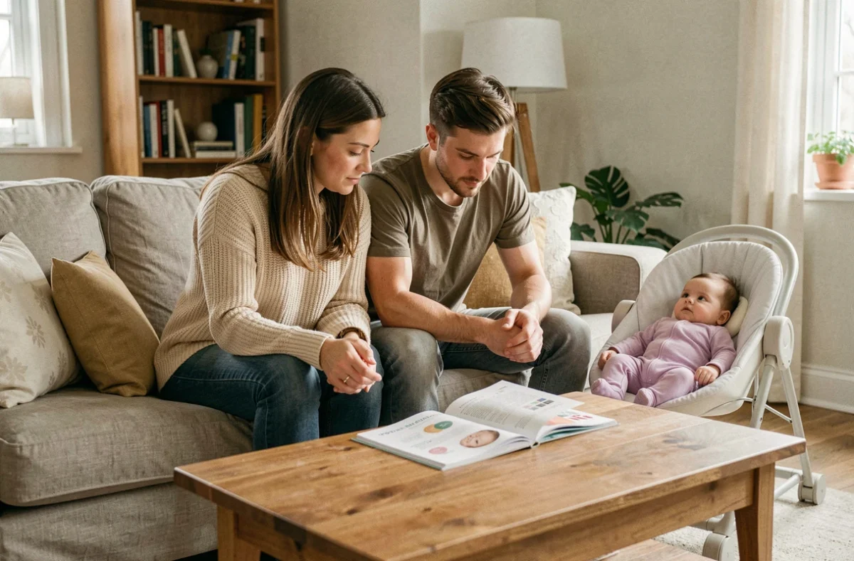 Parents inquiets consultant un carnet de santé pour vérifier le poids normal de leur bébé fille de 3 mois