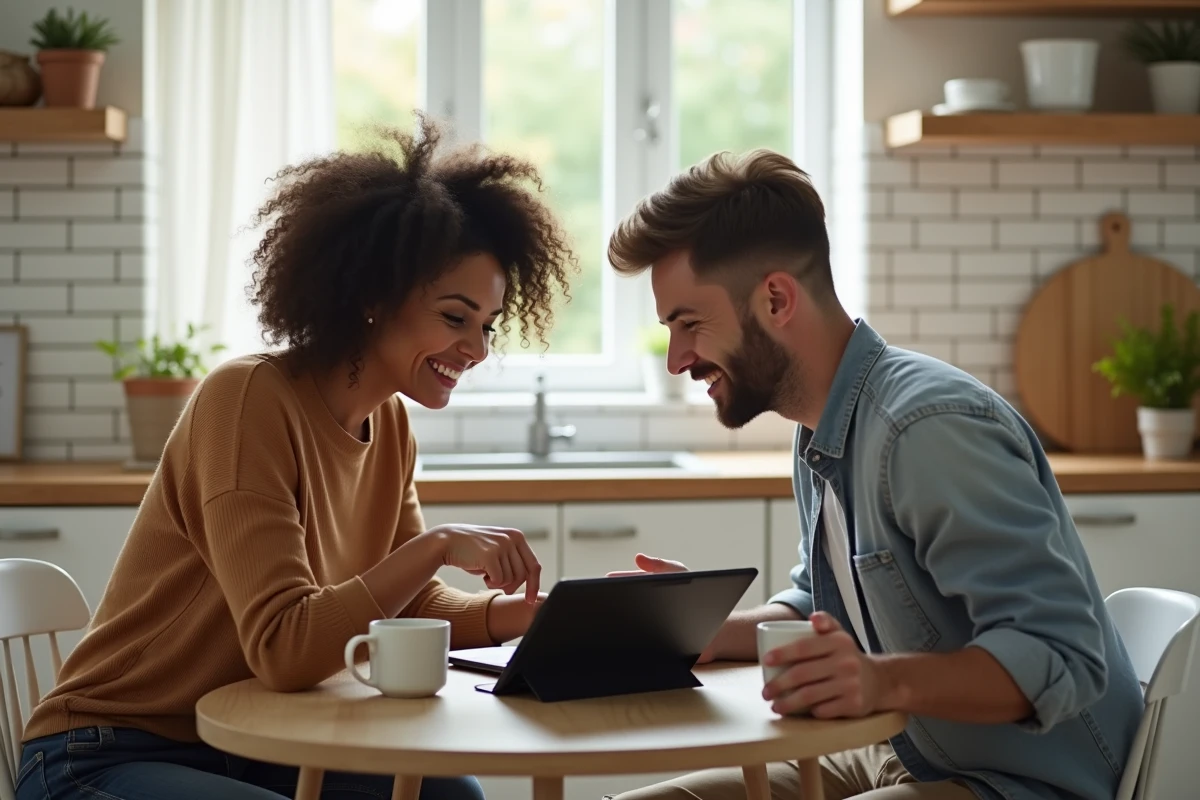 Couple de parents consultant ensemble des ressources et bonnes adresses sur une tablette autour d'une table de cuisine