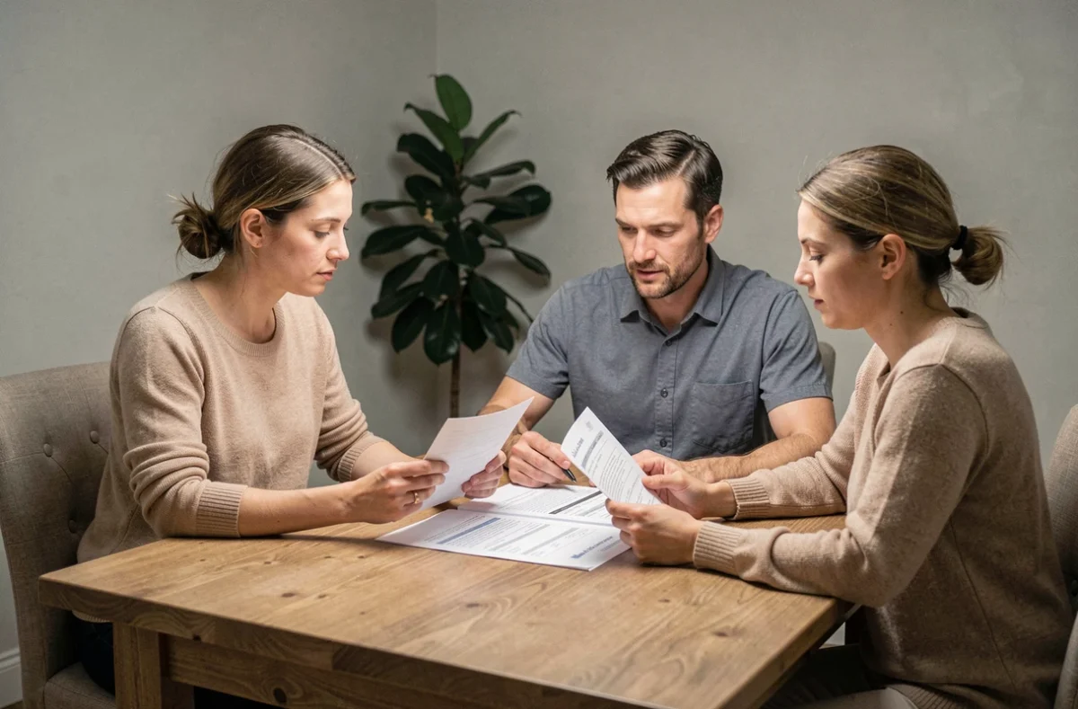 Parents et nounou discutant du tarif de garde de nuit autour d'une table avec un contrat de garde d'enfant