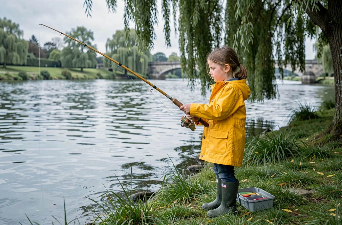 Jeune fille pêchant au bord de la Loire lors d'une activité familiale dans le Loiret