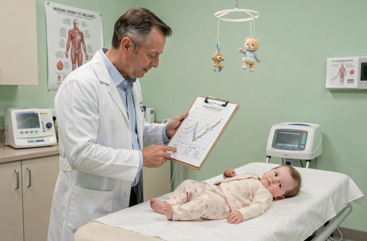Pédiatre consultant une courbe de croissance pour un bébé fille de 3 mois lors d'une visite médicale
