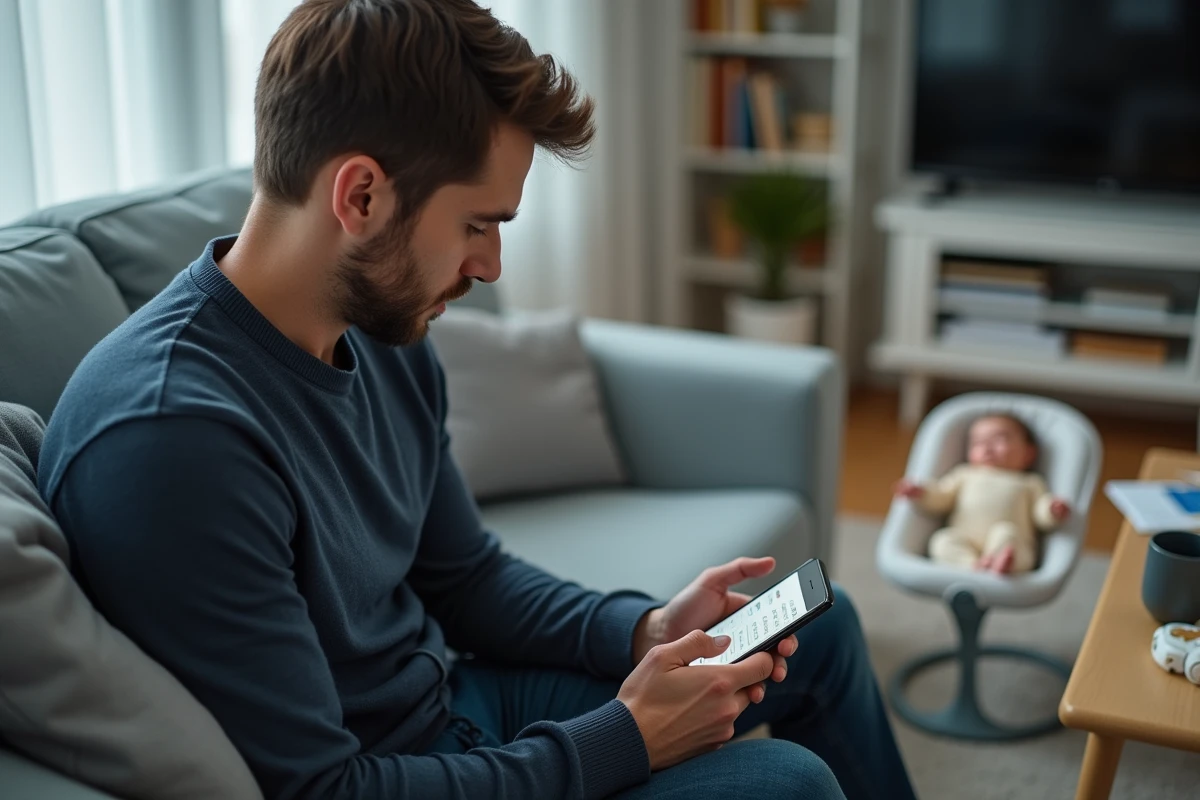 Père en congé paternité calculant sa perte de revenu sur smartphone pendant que son bébé dort dans un transat