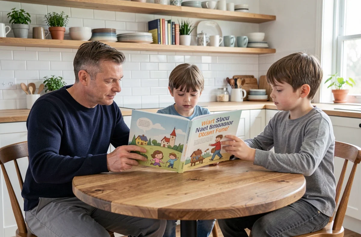 Père lisant un livre illustré avec ses deux enfants autour d'une table en bois dans une cuisine familiale moderne et apaisante