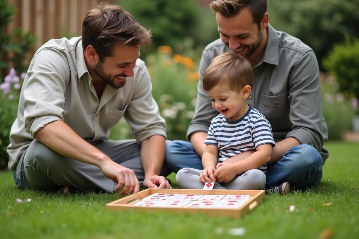Père et fils de 4 ans jouant à un jeu de memory en plein air dans un jardin verdoyant par une journée ensoleillée