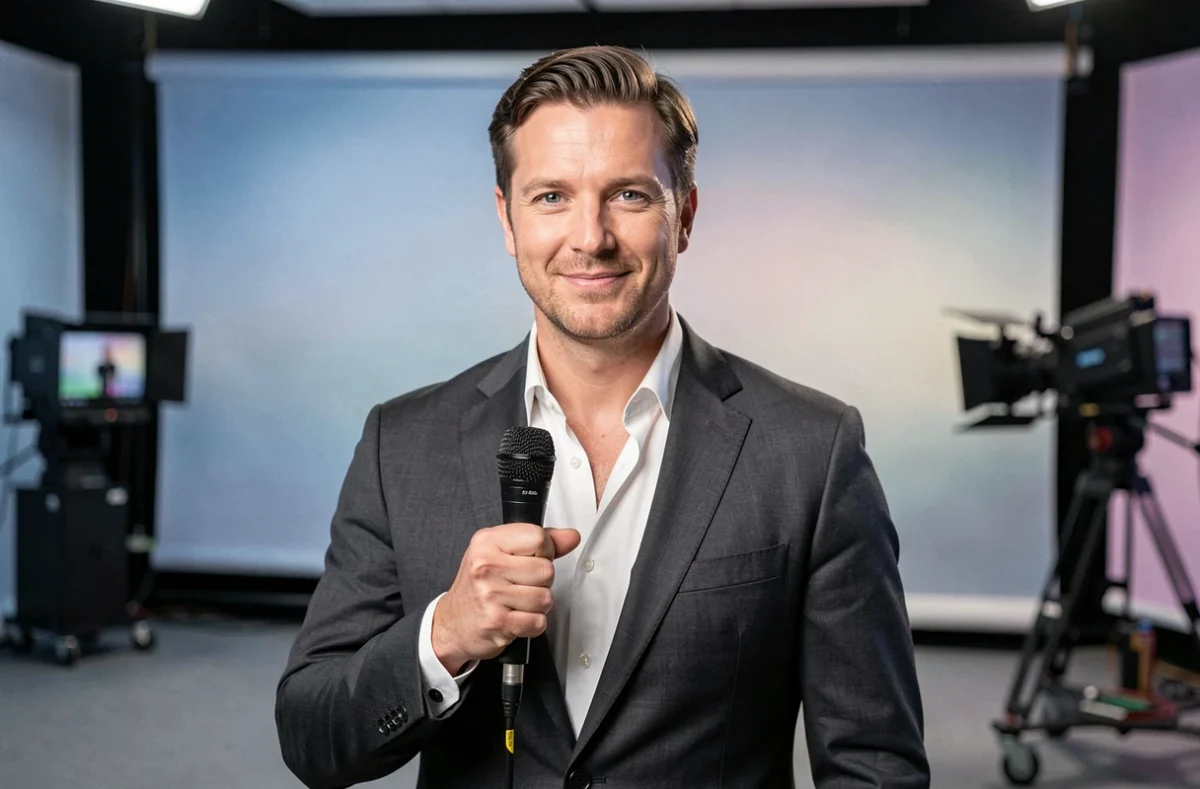 Homme médiatique en costume devant un décor de studio télévisé, portrait professionnel et confiant