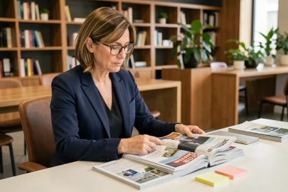 Professionnelle en blazer marine consultant un abonnement magazine business à son bureau en open-space moderne