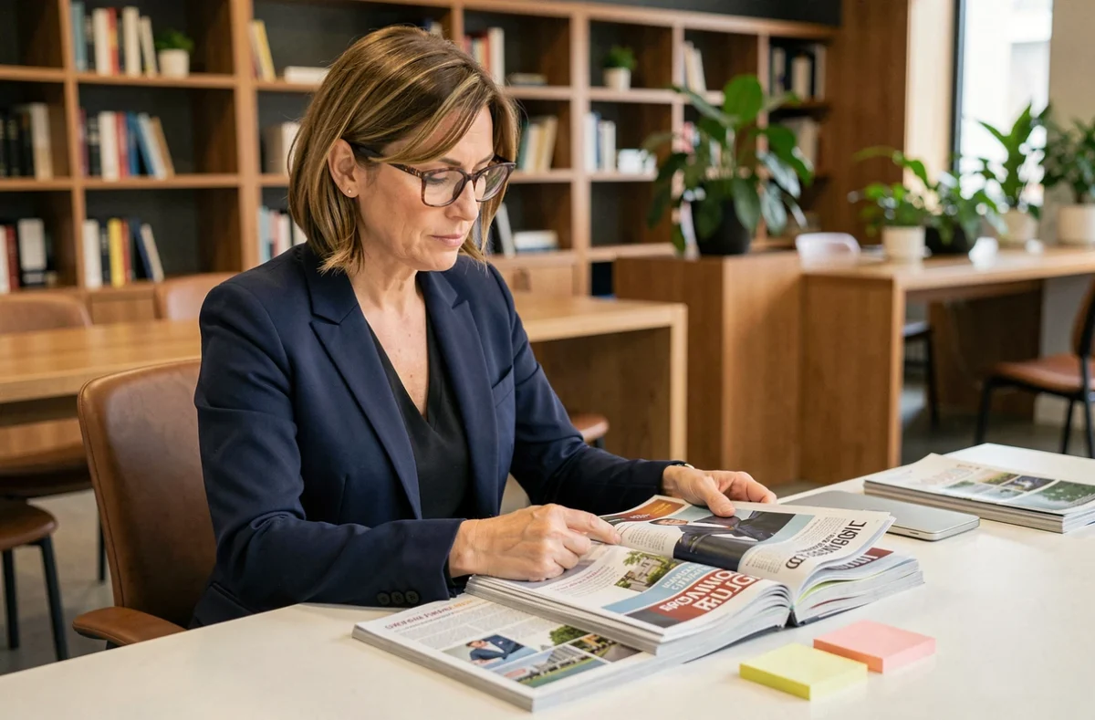 Professionnelle en blazer marine consultant un abonnement magazine business à son bureau en open-space moderne