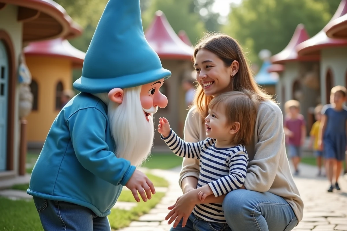 Mère et enfant rencontrant un personnage costumé Schtroumpf dans le village thématique du parc