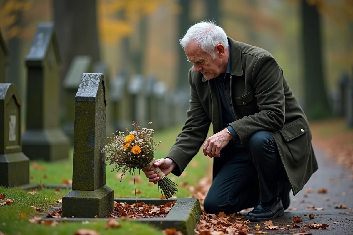 Homme déposant des fleurs sauvages sur une tombe lors de l'anniversaire du décès d'un proche dans un cimetière automnal