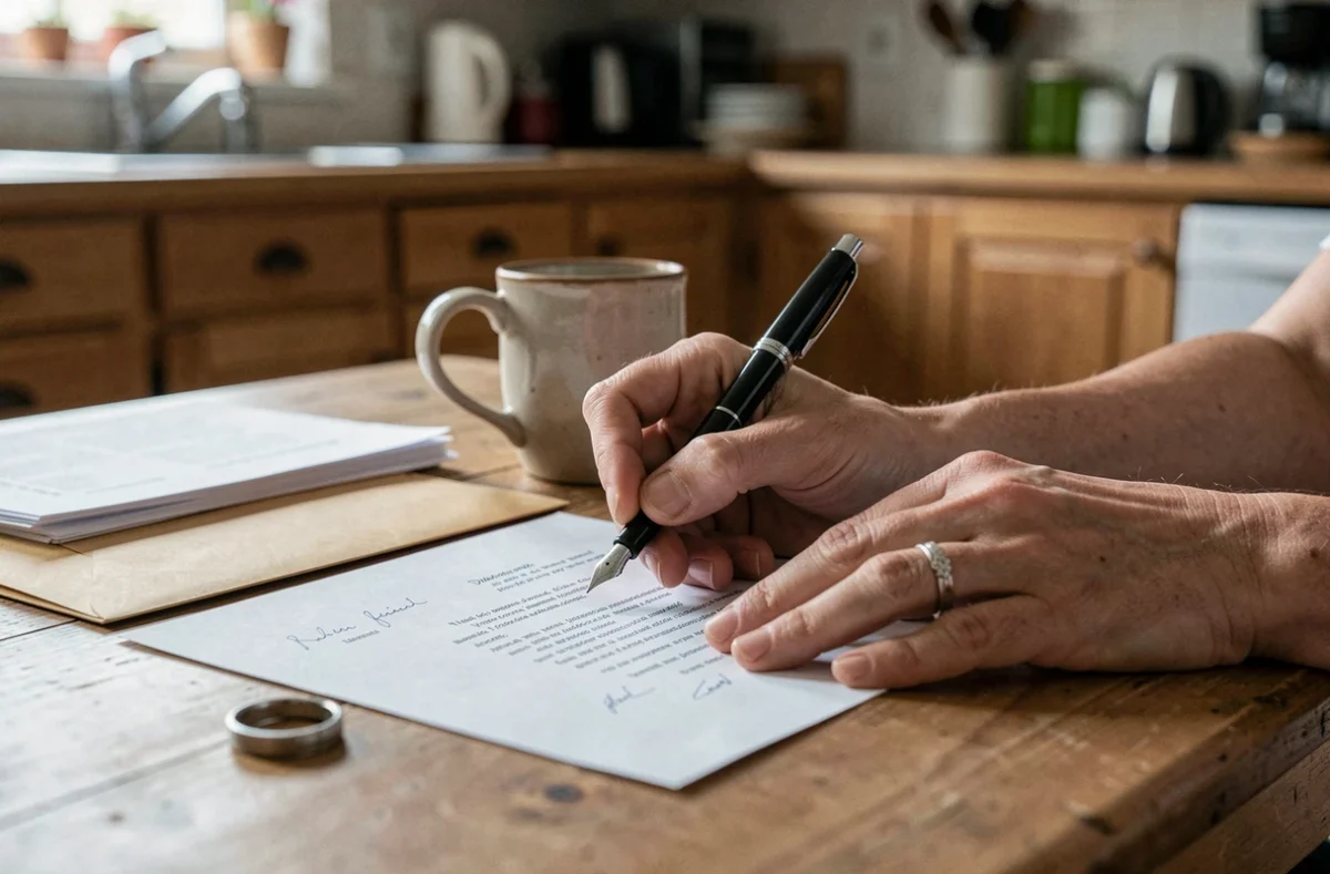 Mains d'une femme signant une lettre de renonciation à la soulte avec une alliance posée à côté sur la table