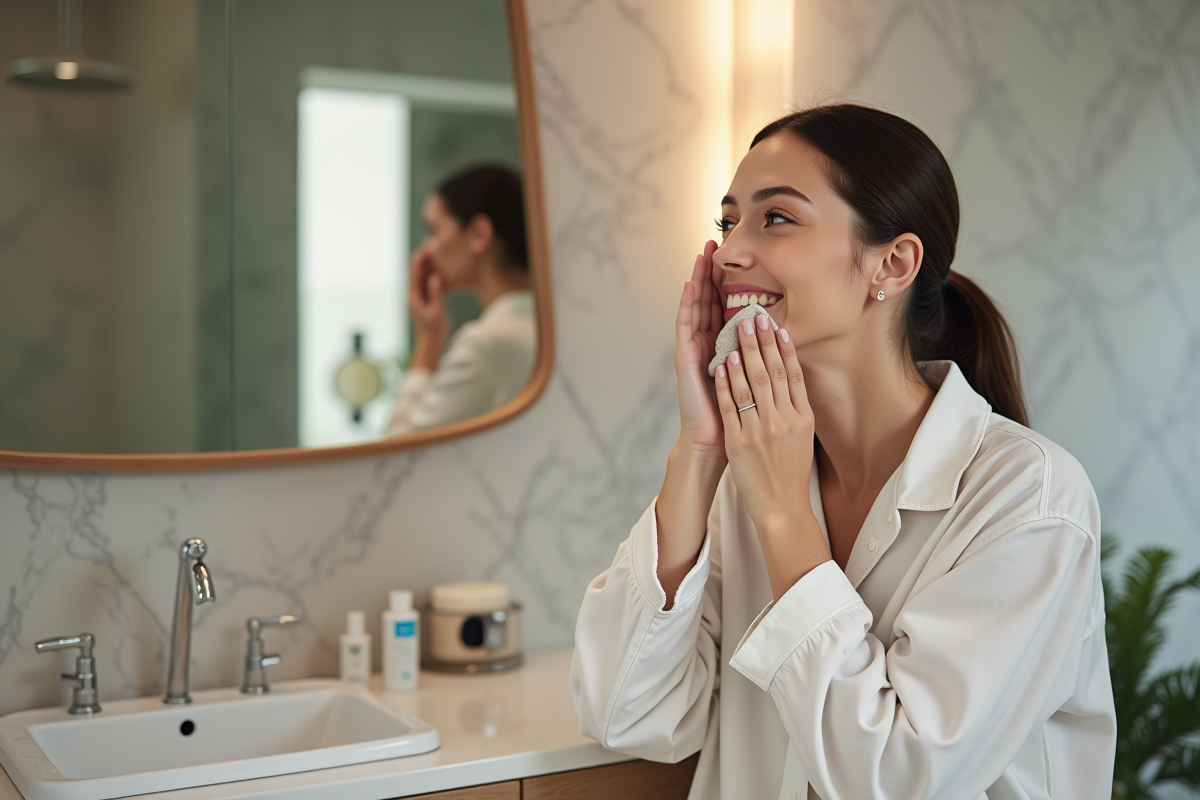 Femme en pyjamas se nettoyant le visage dans une salle de bain moderne