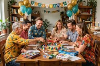 Groupe d'adultes joyeux jouant à des jeux de société autour d'une table décorée pour un anniversaire rigolo