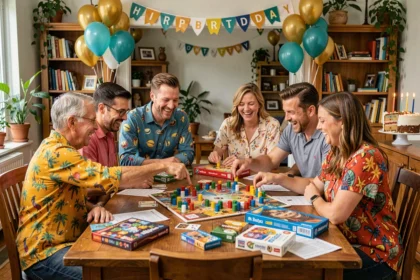 Groupe d'adultes joyeux jouant à des jeux de société autour d'une table décorée pour un anniversaire rigolo