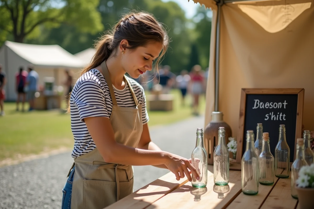 Femme installant un stand de jeux zéro déchet avec des matériaux recyclés lors d'une fête de quartier