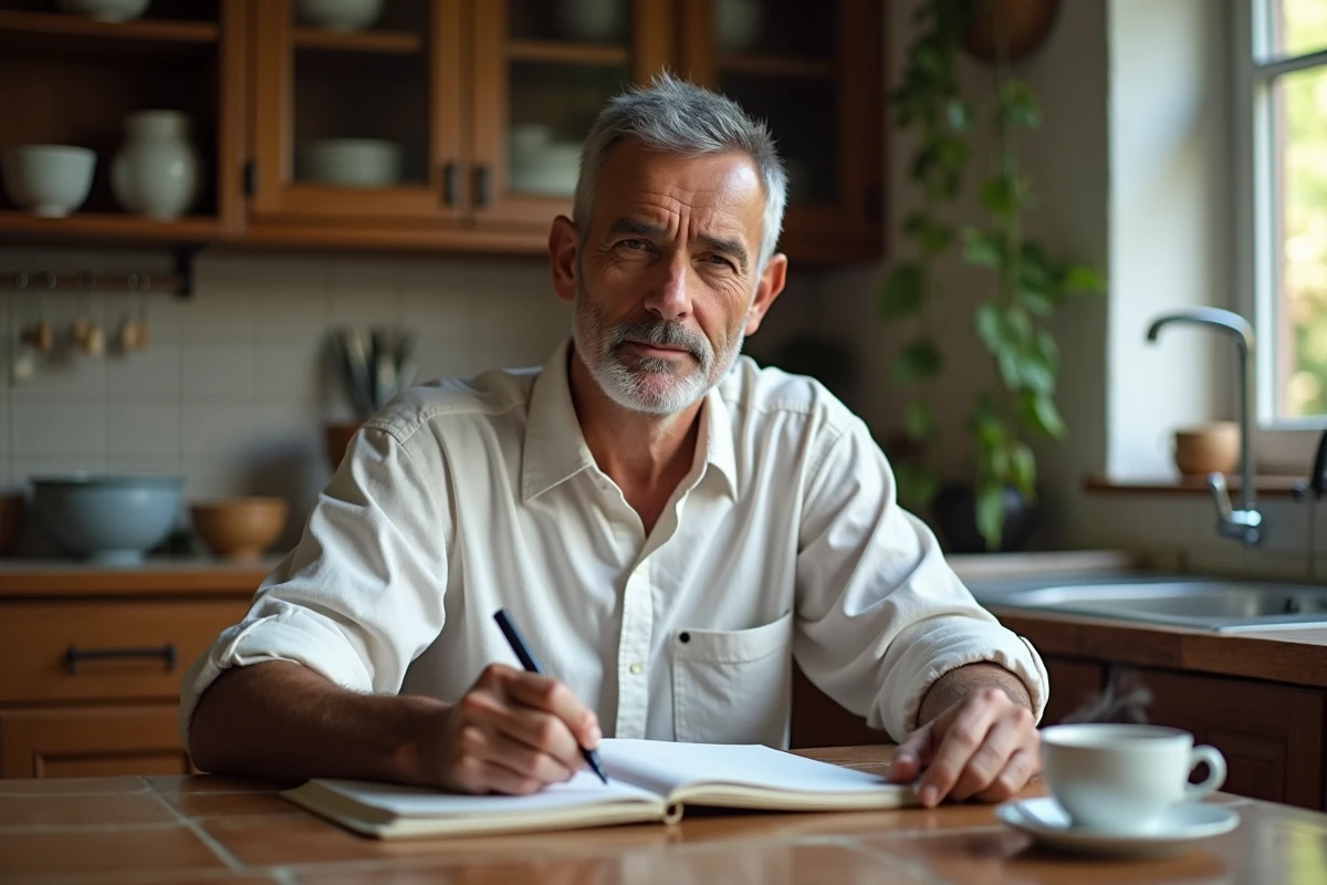 Homme réfléchi attablé dans une cuisine rustique avec un café et un carnet, portrait de vie privée et intimité personnelle