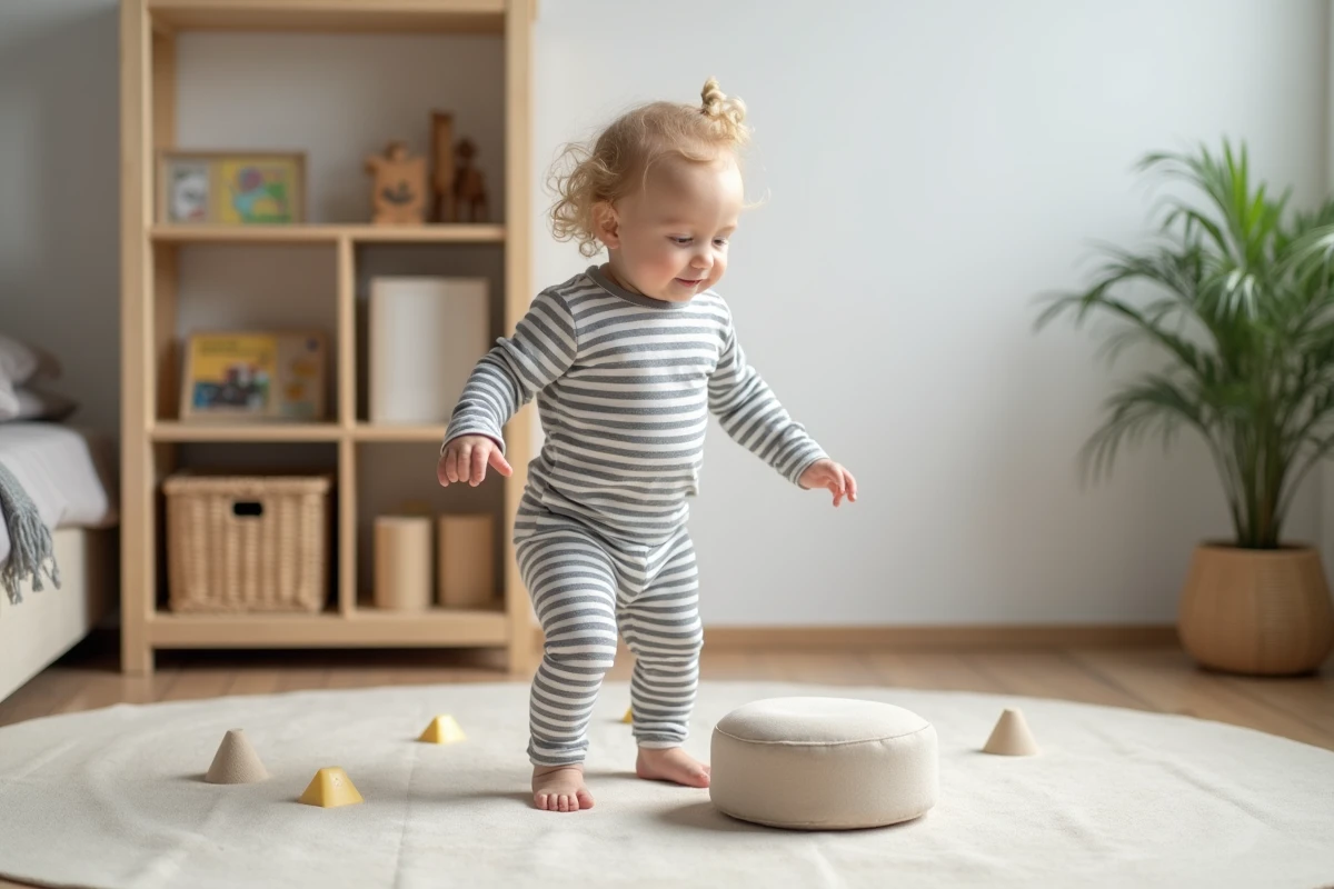 Tout-petit traversant un parcours de motricité avec cales en mousse et boudin ferme sur un tapis en lin dans une salle de jeux minimaliste