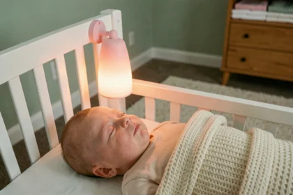 Nouveau-né allongé dans un berceau blanc regardant une veilleuse musicale lumineuse aux reflets pastel dans une chambre de bébé apaisante