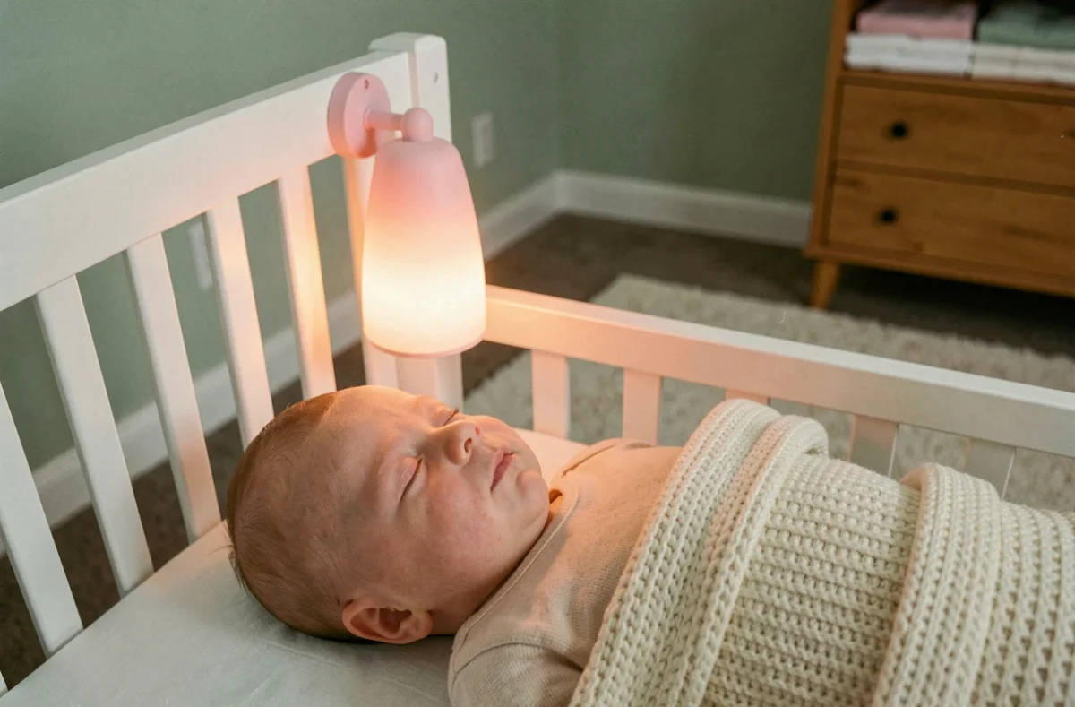 Nouveau-né allongé dans un berceau blanc regardant une veilleuse musicale lumineuse aux reflets pastel dans une chambre de bébé apaisante