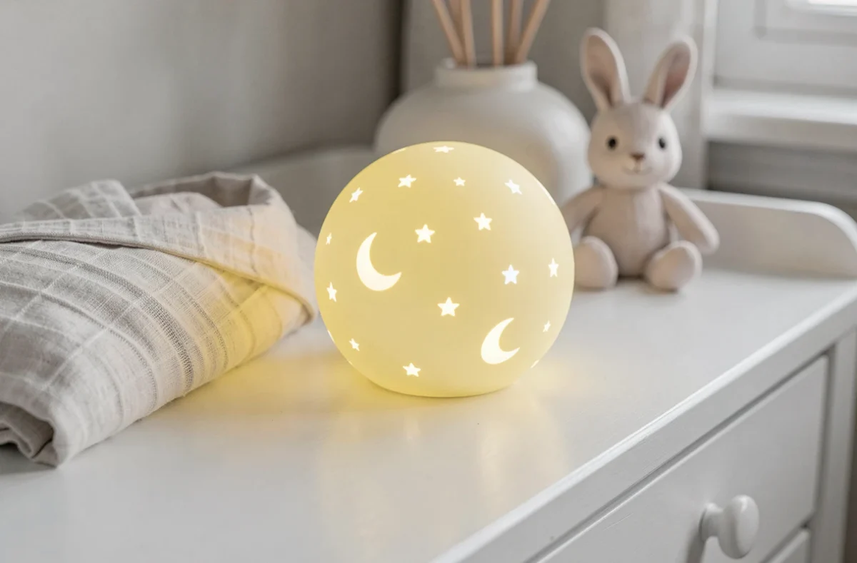 Veilleuse musicale lumineuse jaune pastel posée sur une table à langer entourée d'accessoires de puériculture dans une chambre de nourrisson