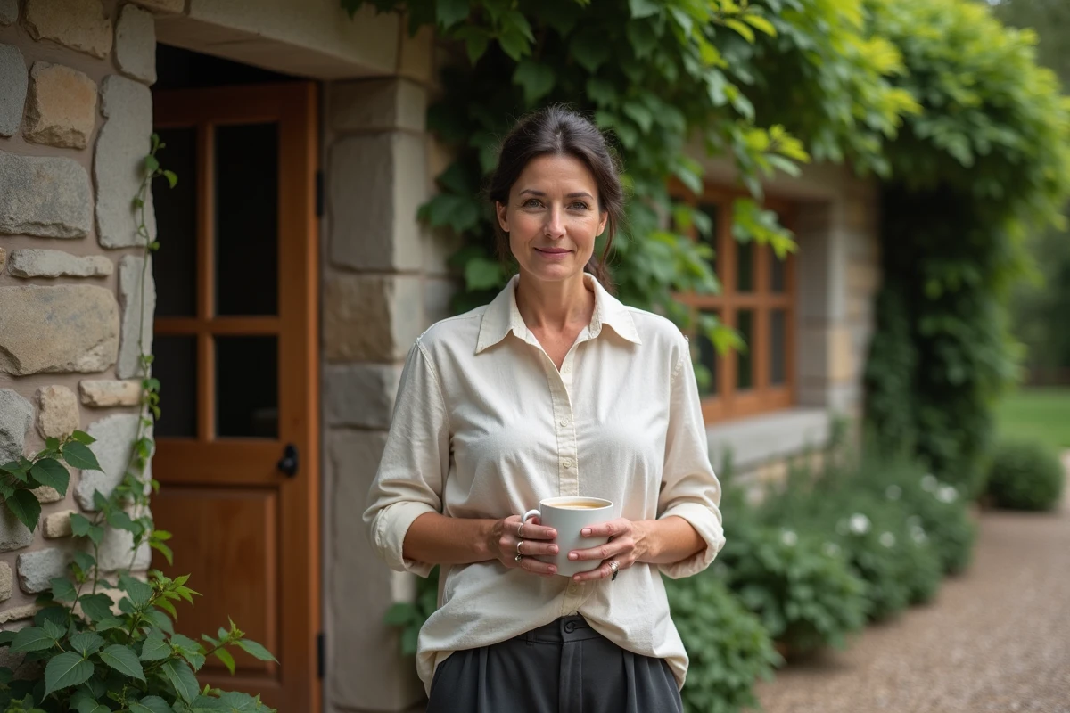 Femme debout devant la porte de sa maison en pierre entourée de verdure, tenant une tasse de café avec un sourire discret, symbolisant l'intimité préservée