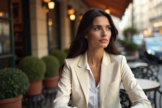 Femme élégante aux traits méditerranéens assise en terrasse d'un café parisien, regard pensif, illustrant la vie privée et le couple de Rym Ben Ameur