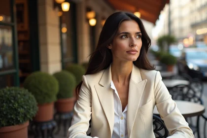 Femme élégante aux traits méditerranéens assise en terrasse d'un café parisien, regard pensif, illustrant la vie privée et le couple de Rym Ben Ameur