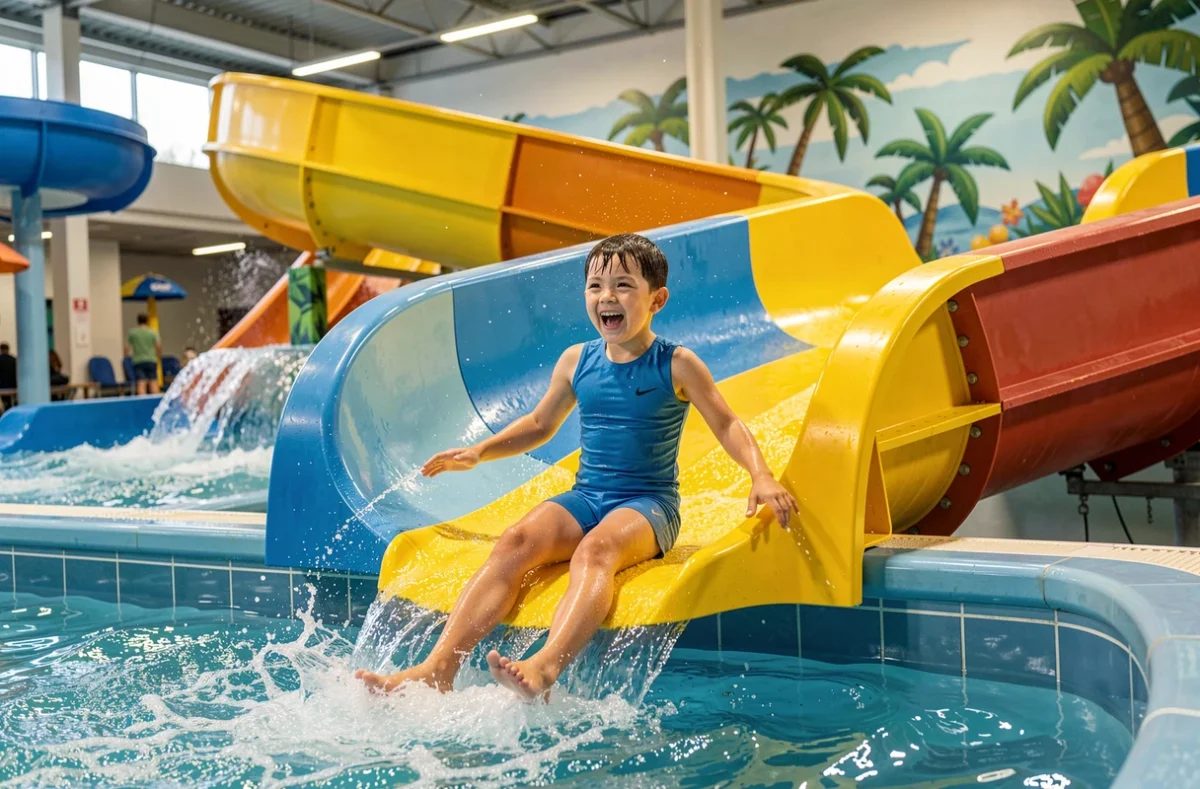 Enfant sur un toboggan aquatique au parc Vitam à Neydens en Haute-Savoie