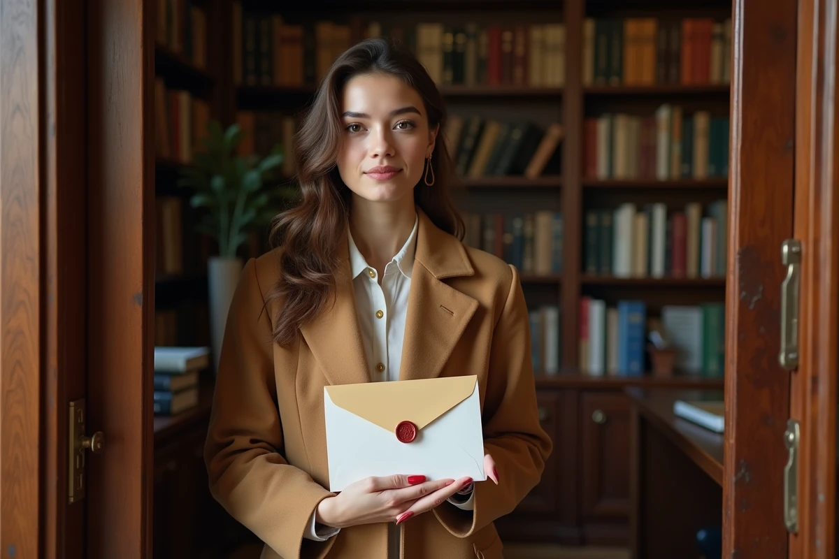 Jeune femme élégante remettant une enveloppe cachetée à la cire à l'entrée du bureau d'un professeur pour la rentrée 2026